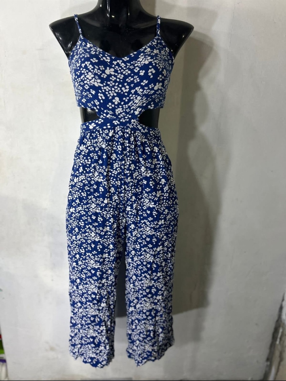 aerie Blue & White Floral Cutout Wide-Leg Jumpsuit